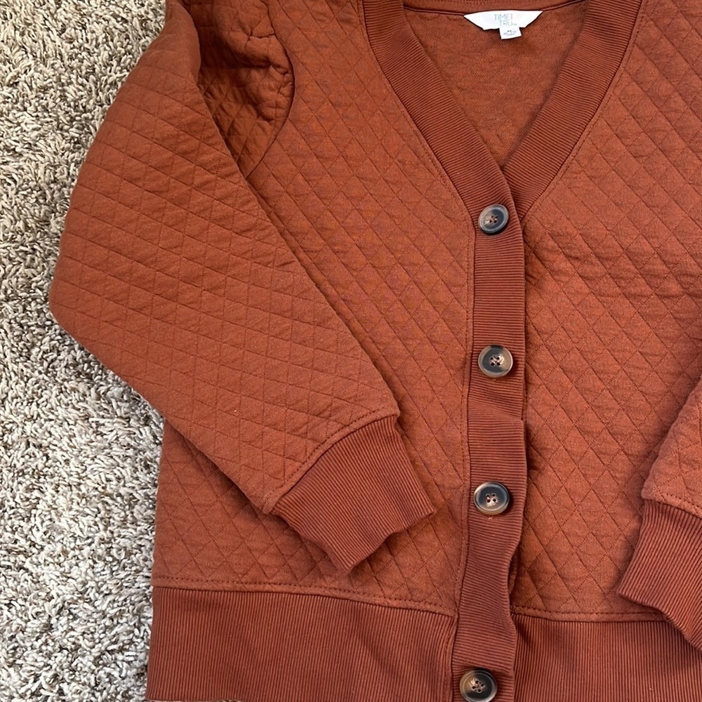 Time and True Coordinating Quilted Puff Sleeve Cardigan Sweater Orange Medium - Picture 6 of 10